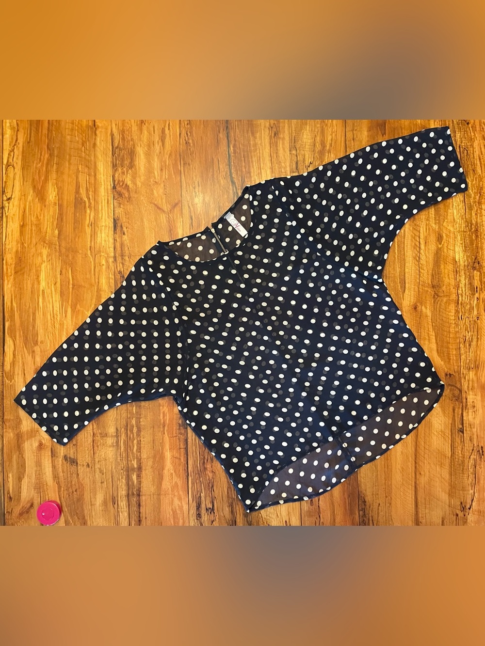 Sheer Polka Dot Blouse in Navy - Classic 3/4 Batwing Sleeve Top Sz M L